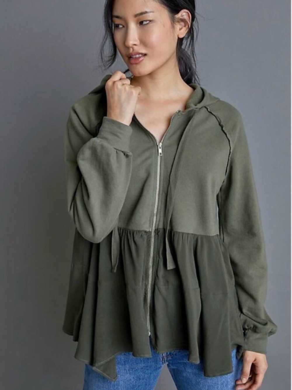 Anthropologie T.LA Tunic Hoodie Bella Swan Olive Green Zip Up Small